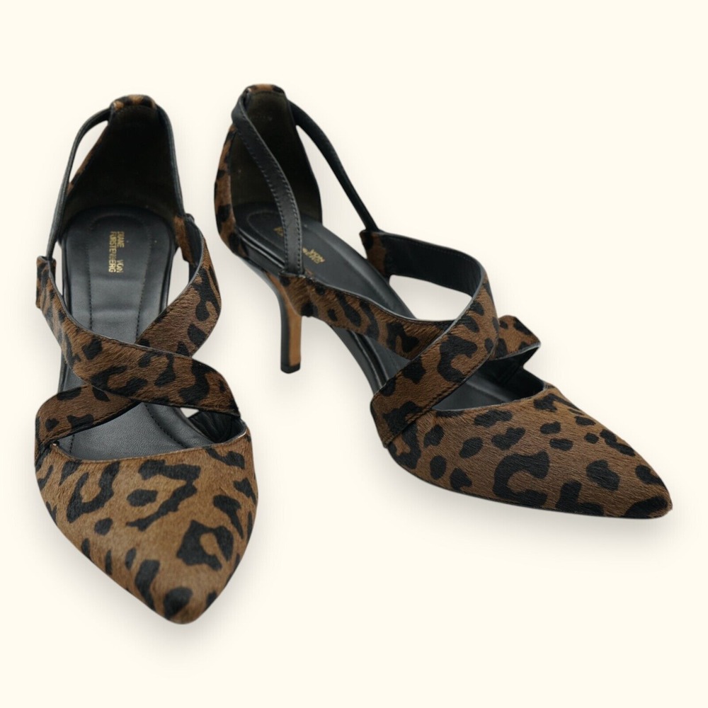 Diane Von Furstenberg Martina Cross Strap Pump Leopard Calf Hair 8M‎ ~ MSRP $298